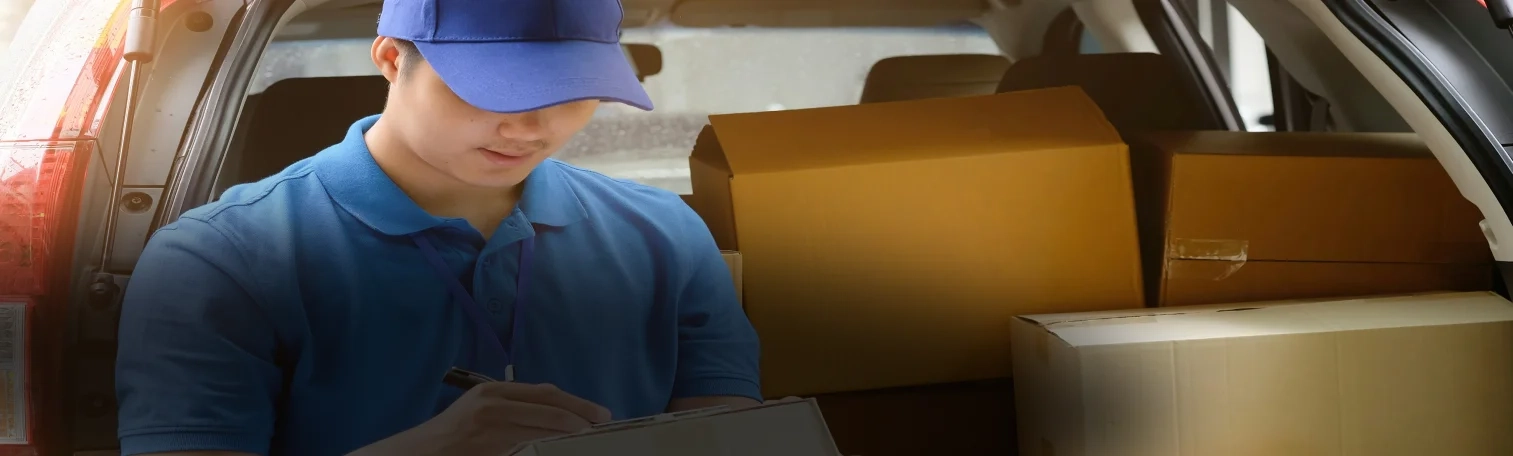 A delivery man checking a list of packages to ensure correct delivery.