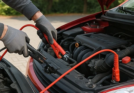 Man connecting jumpstart cables to a car battery.
