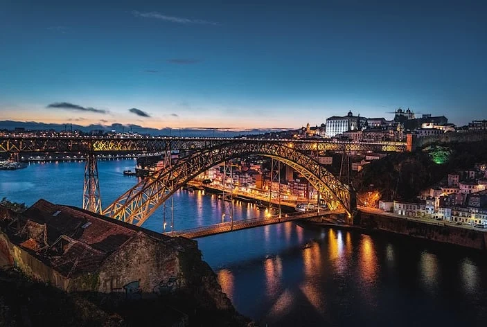 Scenic Douro Riverfront (Ribeira district) in Porto with traditional boats, Portugal